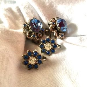 2 Pairs Blue Rhinestone Screwback Earrings